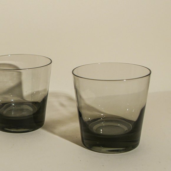Art Deco Smoke Grey Low Ball Glasses Pair (2)